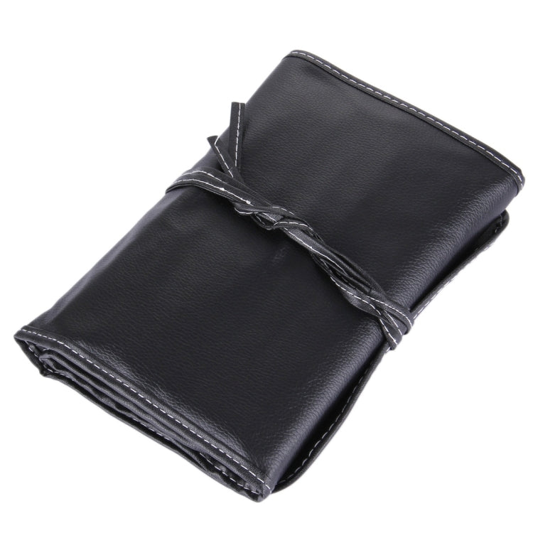 Black PU leather makeup brush case with stitched flap and secured wrap