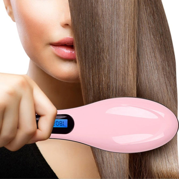 Pink hair straightener comb with LCD temperature display and comb teeth