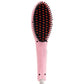 Pink hair straightener comb with oval bristle pad and red-tipped pins