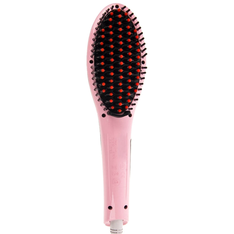 Pink hair straightener comb with oval bristle pad and red-tipped pins