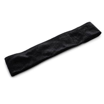 Black velvet headband with stitched edges, slim wide flat band.