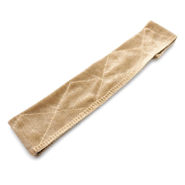 Beige/gold velvet headband with stitched seam, slim wide flat band.