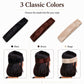 Three velvet headbands: black, brown, beige, wide stitched bands.