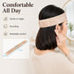 Beige velvet headband on hair, soft wide band with neat stitched edges.