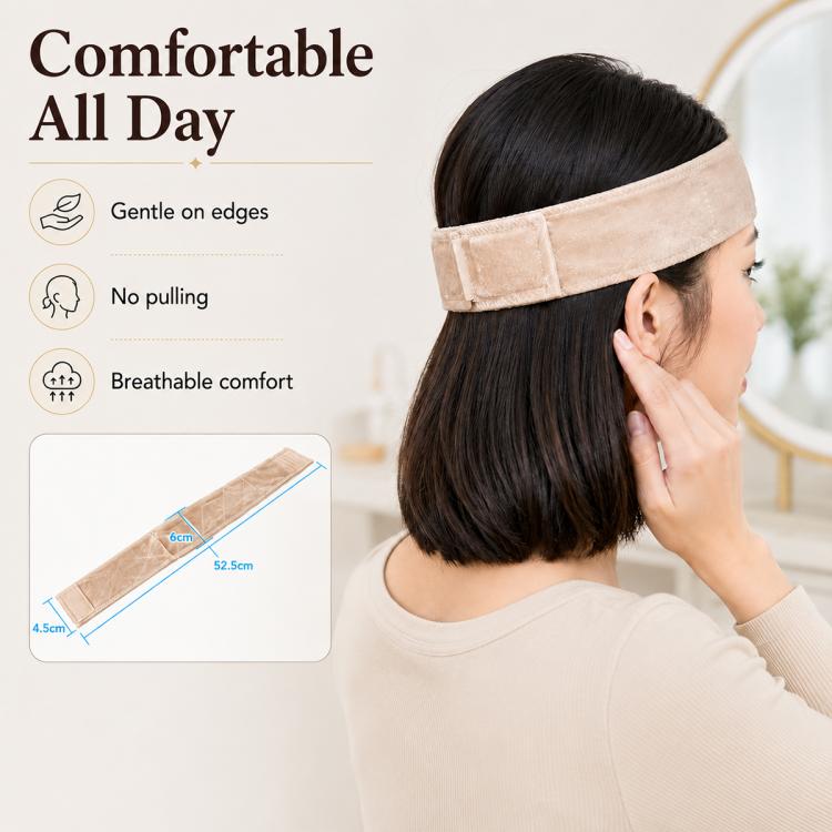 Beige velvet headband on hair, soft wide band with neat stitched edges.