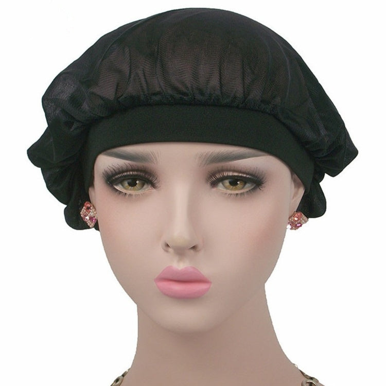 Black satin long-hair bonnet with wide band and gathered ruffled crown