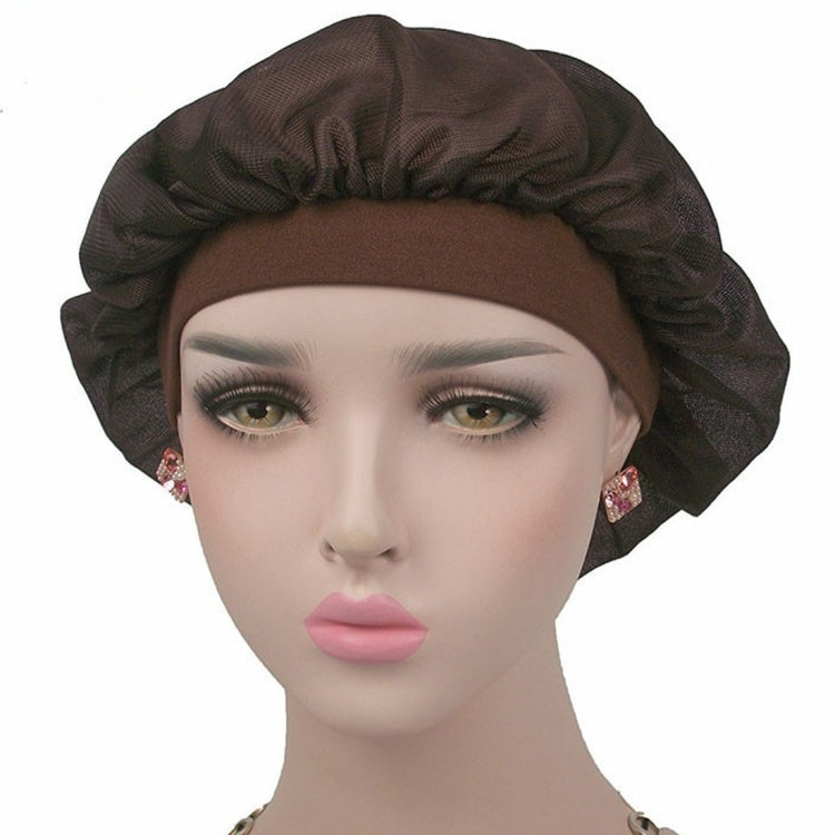Brown satin long-hair bonnet with wide band and gathered ruffled crown