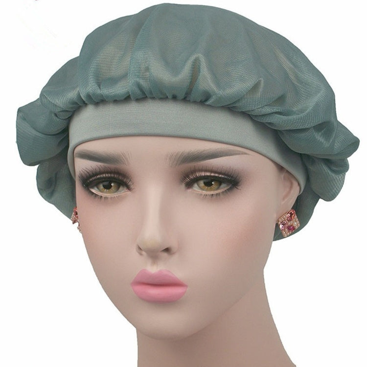 Light gray satin long-hair bonnet with wide band and gathered ruffled crown