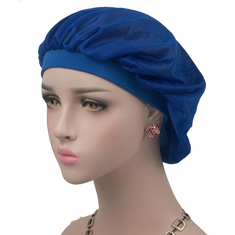 Blue satin long-hair bonnet with wide band and gathered ruffled crown