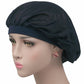 Dark navy satin long-hair bonnet with wide band and gathered ruffles at top