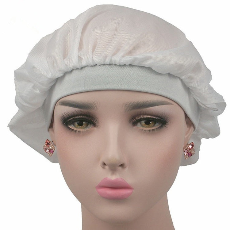 White satin long-hair bonnet with wide band and gathered ruffled crown