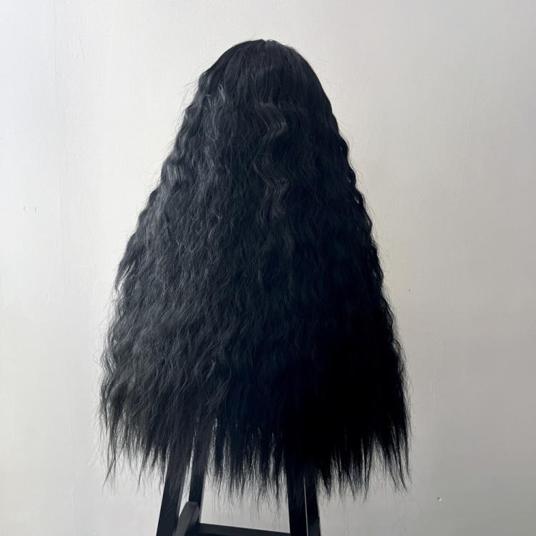 Black long curly hair wig on mannequin, back view with full length