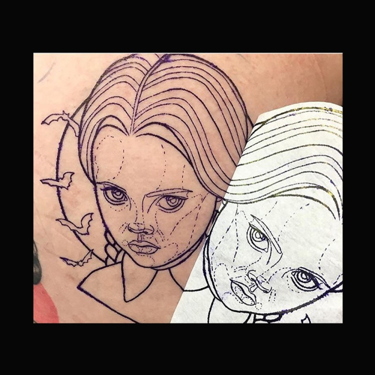 Tattoo transfer sheet with line-art faces and outlined hair details