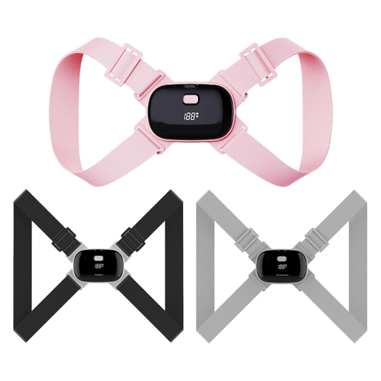 Pink posture corrector and black/grey options with adjustable chest straps and display