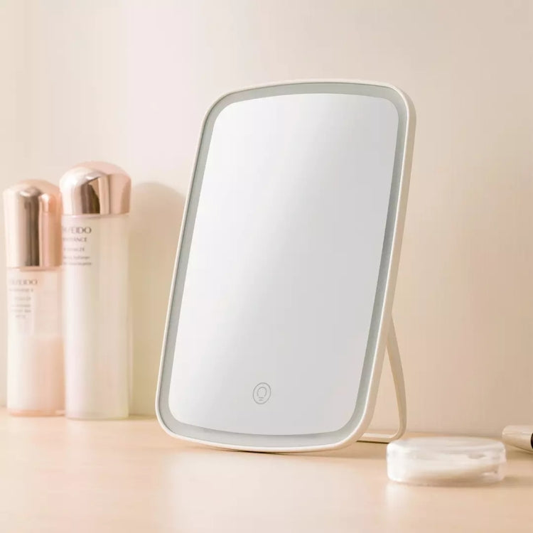 White square desktop LED cosmetic mirror on stand with rounded edges