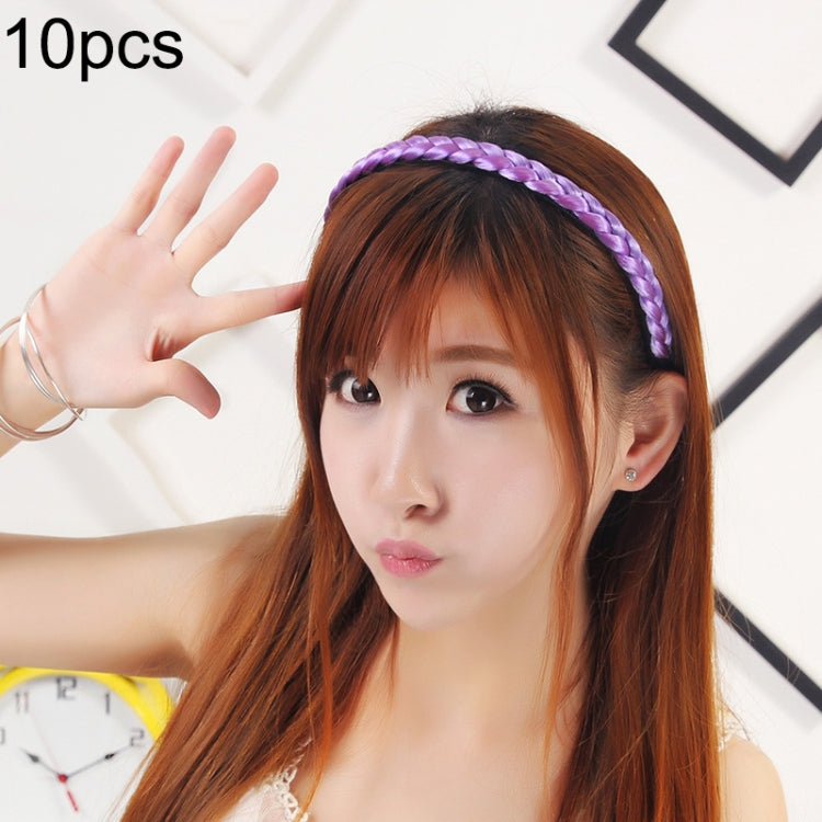 Purple braided hair headband worn on straight brown hair