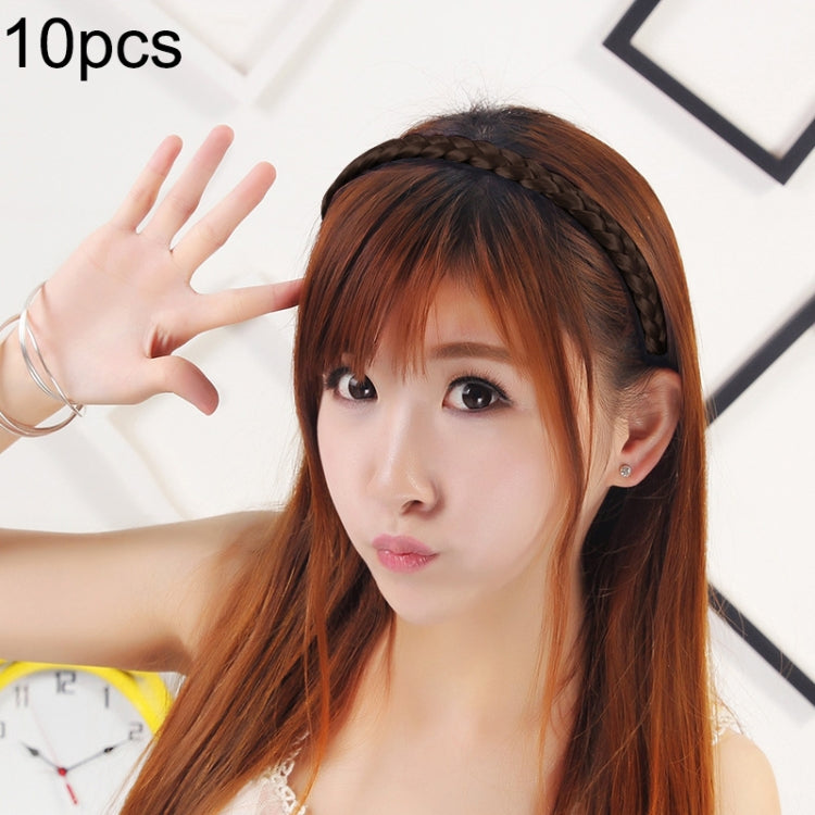 Dark braided twist hair headband worn across the front hairline