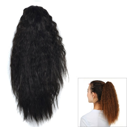 Black clip-on curly horsetail wig, full back view