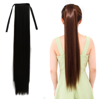 Black long straight ponytail wig with attached loop straps, full-length hairpiece