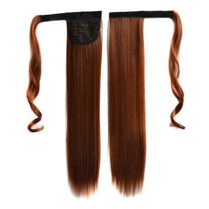 Chestnut brown long straight hair ponytail wig with black elastic band and wefts