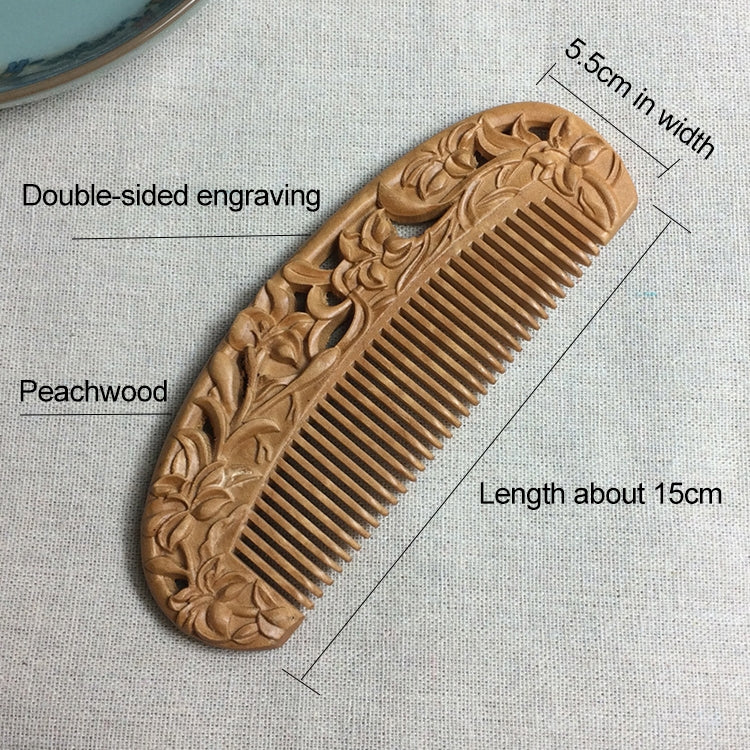 Carved wooden hair comb shown with size view; double-sided straight teeth