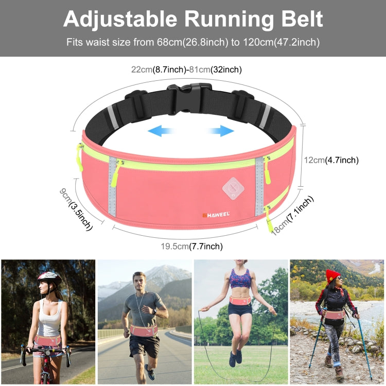 Pink running belt waist pack with adjustable strap, neon piping, wide front phone pocket.
