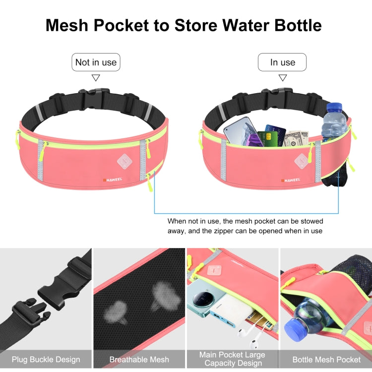 Pink running belt waist pack showing mesh water-bottle pocket and secure phone compartment.