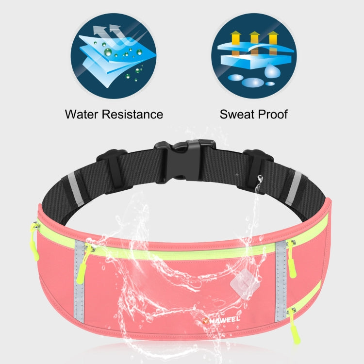 Pink waterproof running belt waist pack with reflective trim and front zip pocket.
