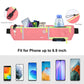 Pink waist fanny pack for phones up to 6.9 inch, keychain hook and bottle pocket.