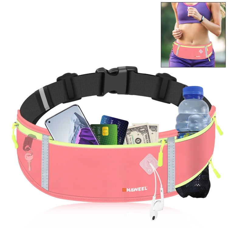 Pink waterproof running belt waist pack with phone pocket and bottle slot, neon trim, zipper.