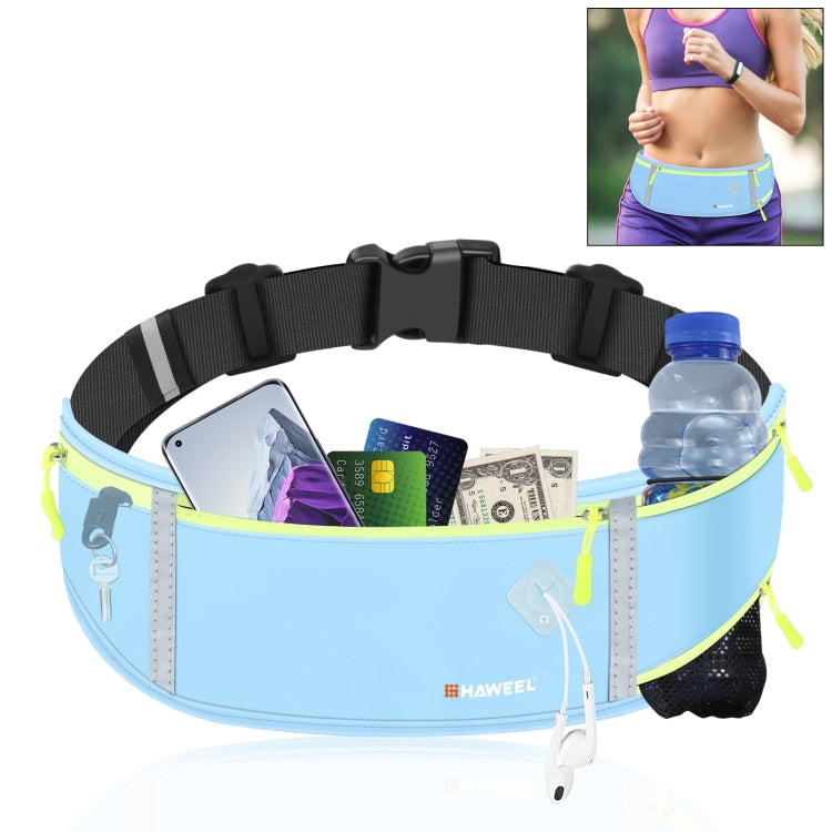 Blue waterproof running belt waist pack with phone pocket and bottle slot, neon trim, zipper.