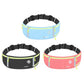 Running belt waist packs in blue, black, and pink with adjustable straps and front zip pocket.