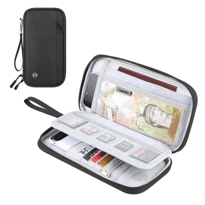 Black passport wallet clutch bag with zip, wrist strap, and document card compartments