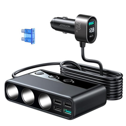 JOYROOM 9-in-1 car charger adapter with LED display and multi-port USB outlets