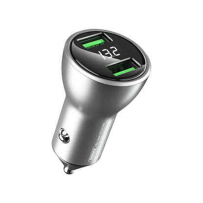Silver dual-USB car charger with digital display and two USB ports
