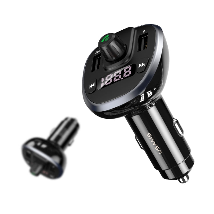 Black and silver car wireless charger with dual USB ports and top control dial