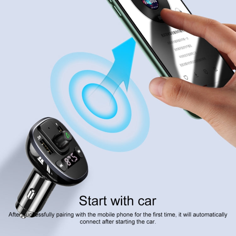 Black and silver wireless car charger with dual USB ports and digital display