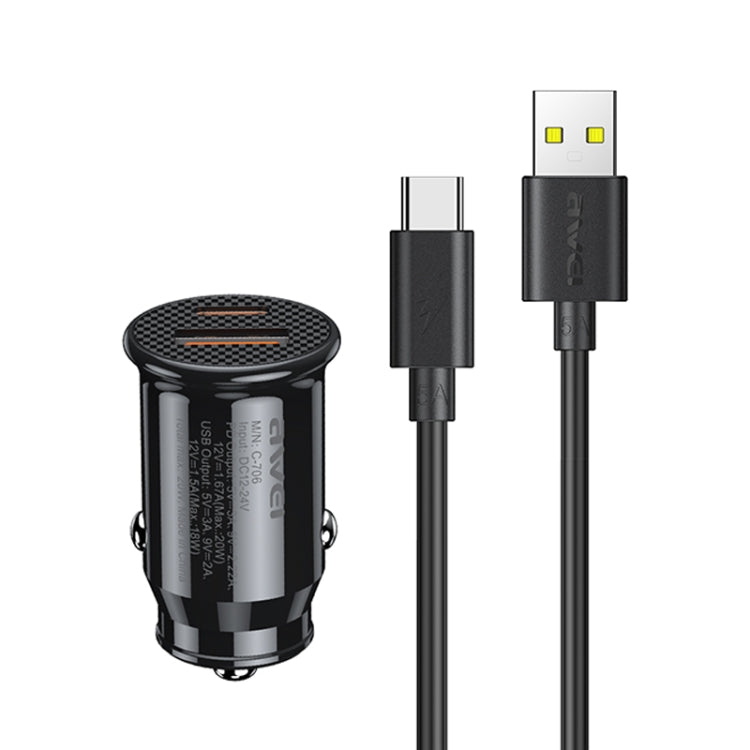 Black Awei car charger with dual USB ports and attached CL-110T cable