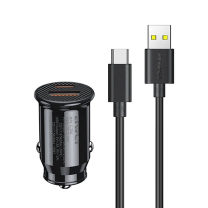Black Awei car charger with dual USB ports and attached CL-110T cable