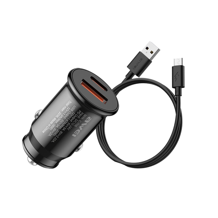 Black car charger with two USB ports and Type-C to USB charging cable