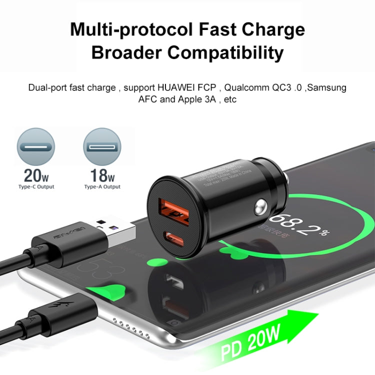 Black dual-USB car charger with connected charging cable for PD fast charging