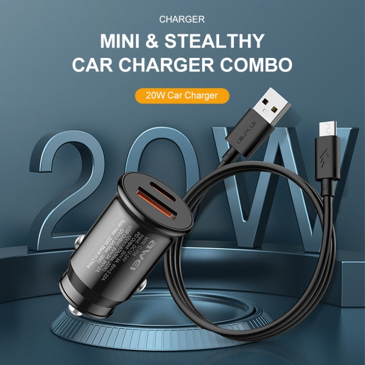 Black mini car charger with dual USB ports and connected USB cable