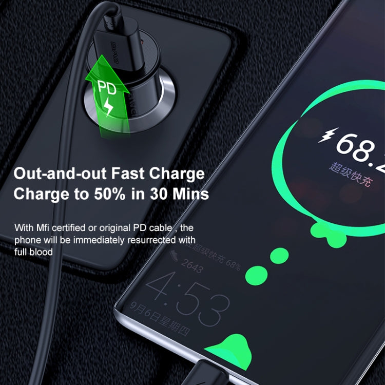 Black car charger with dual USB ports with PD fast-charge indicator