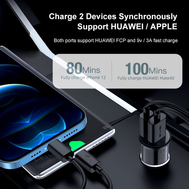 Dual-USB car charger with two connected charging cables