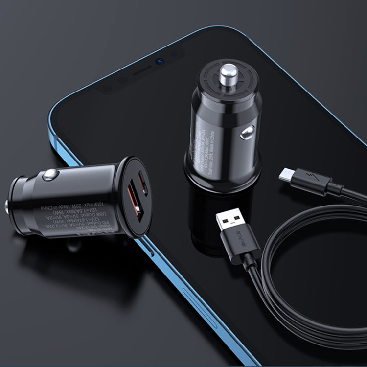 Black dual-USB car charger with Type-C and USB cables