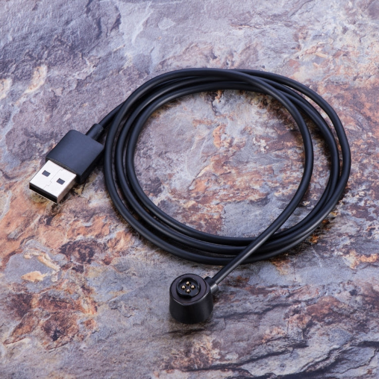 Black charging cable with USB-A plug and 4-pin connector, coiled