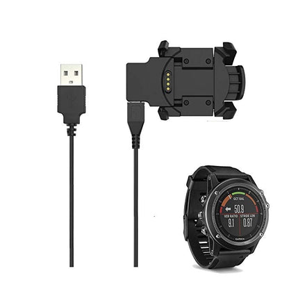 Black silicone watch band with metal buckle and USB charging cable