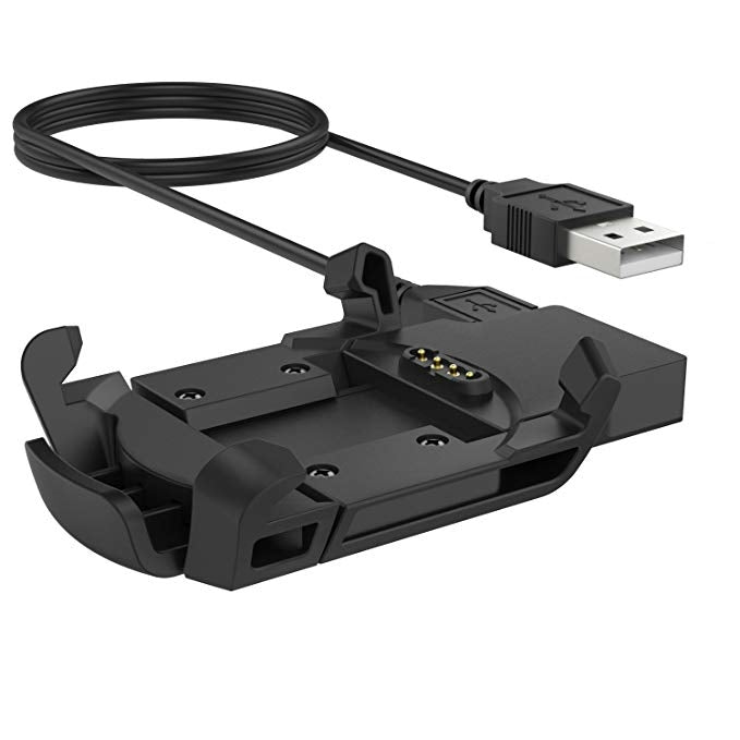 Black charging cradle with USB-A cable and connector pins