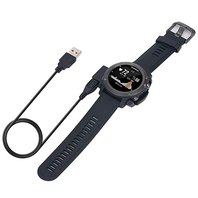 Black silicone watch strap with metal buckle and USB charging cable