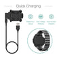 Black watch charging dock with USB cable and protection icons